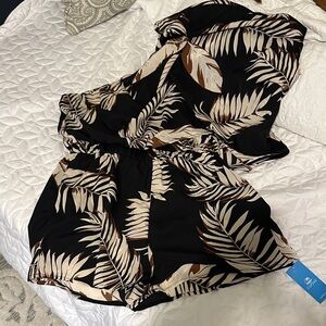 Black and Cream Leaf Print Romper